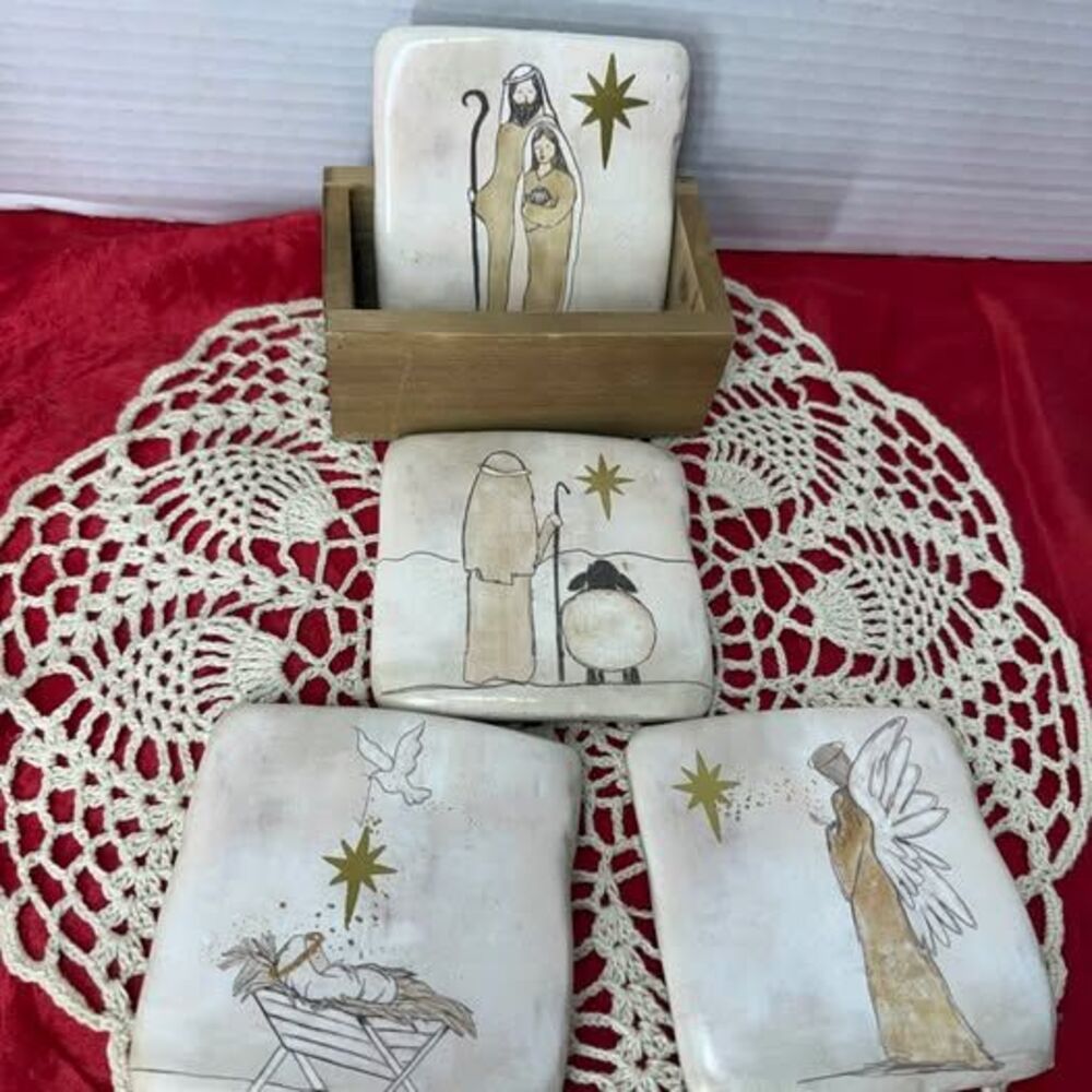 Kellie Montana Nativity Stone Coasters Set of 4 with Wood Holder